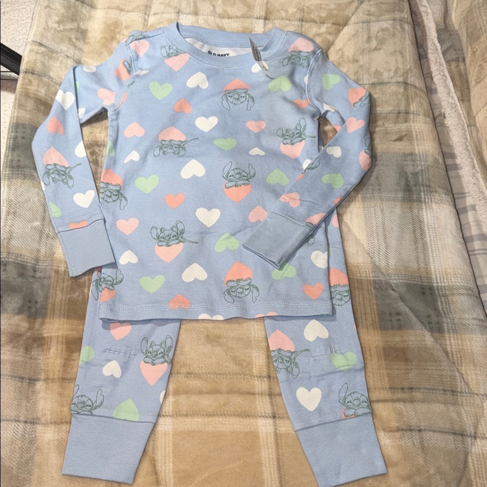 Old Navy Blue Pajama Set with Hearts and Characters